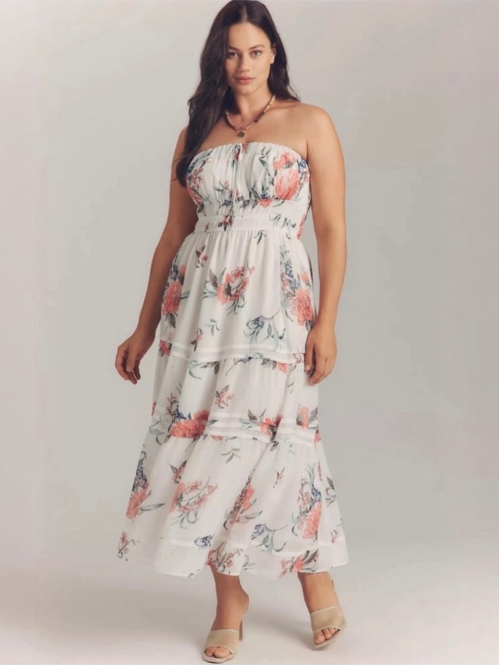 Anthropologies Somerset Strapless Smocked Floral Midi Dress Ivory L Garden Party